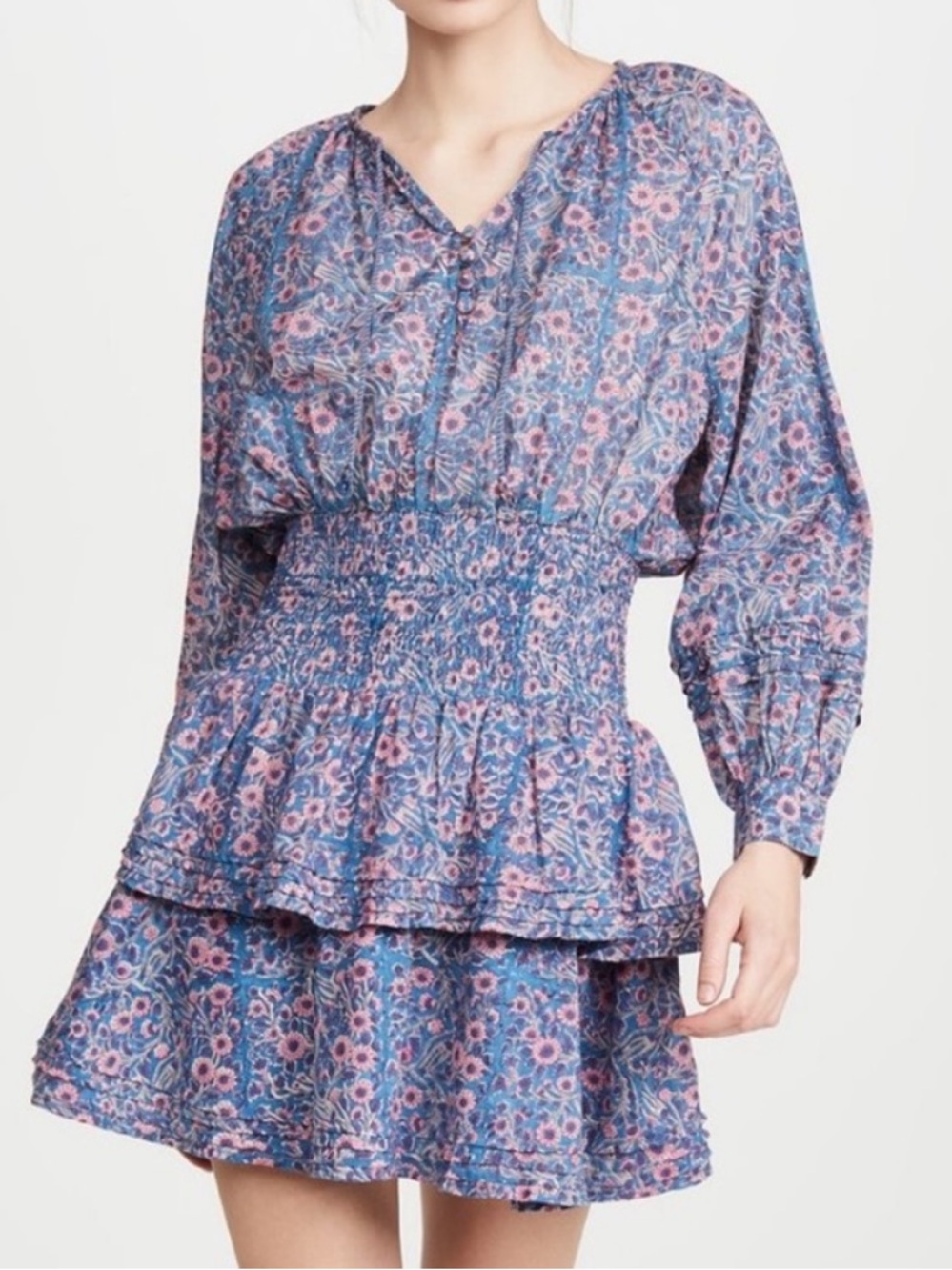 Cleobella 100% Cotton Bianca Mini Dress Size M Blue and Pink Floral Smocked